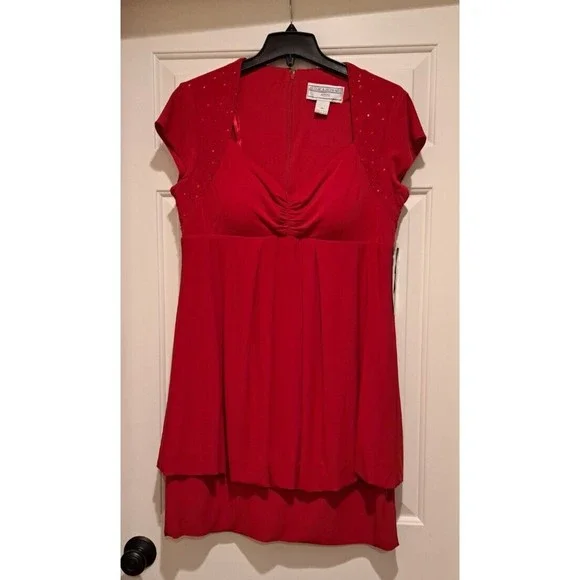 NWT Jessica Howard Red Banded Mini Dress Size 14P Cap Sleeve with Sequins - Picture 1 of 6